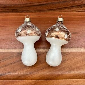 Glittery Brown and White Mushroom Glass Ornaments 2 Count